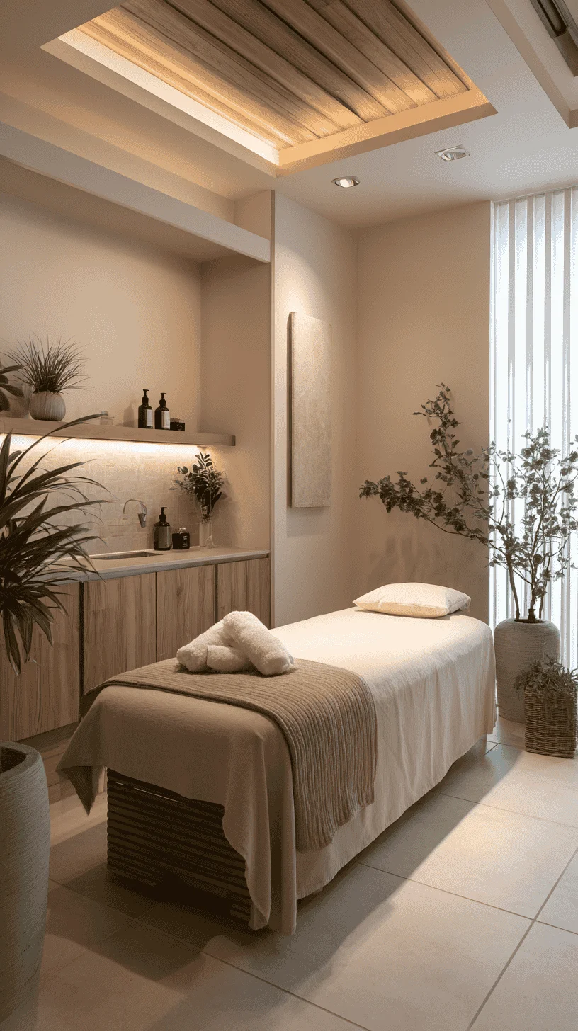 Serene spa treatment room with ambient lighting and natural elements